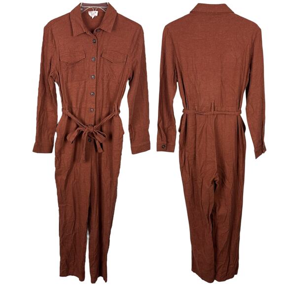 Anthropologie Six Crisp Days Rust 3/4 Sleeve Button Down Belted Linen Jumpsuit S - Picture 2 of 5